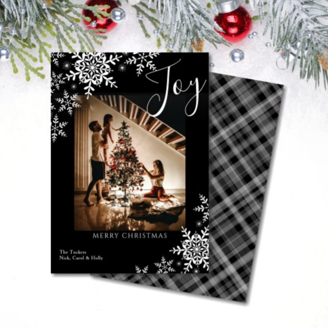 Cartes Pour Fêtes Annuelles Elégant Joy Snowflakes Plaid Joyeux Noël Photo (Créateur téléchargé)