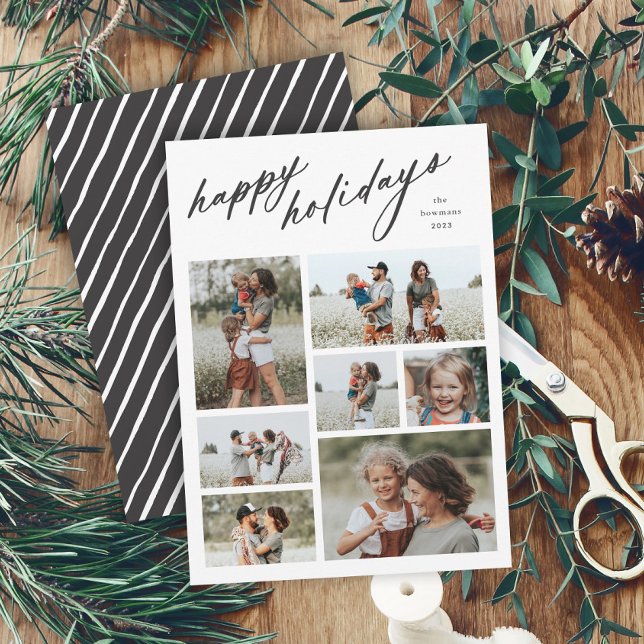 Cartes Pour Fêtes Annuelles Élégant Joyeuses Fêtes Script Typographie 7 Photo  (Minimal script happy holidays black and white multi photo collage holiday card with stripe back.)