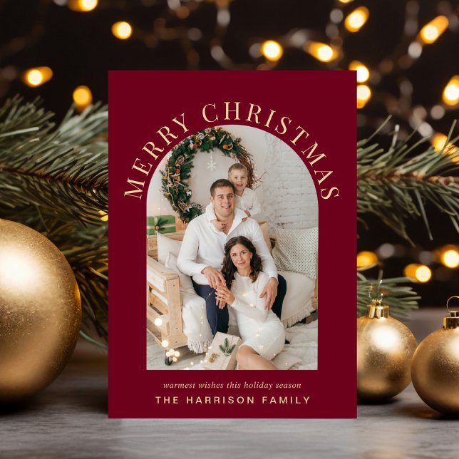 Cartes Pour Fêtes Annuelles Elégant Joyeux Arc de Noël Photo Bourgogne (Share the love and warmth of the season with an elegant arch photo Christmas card)