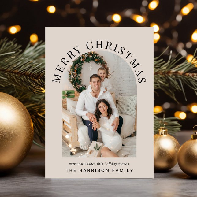 Cartes Pour Fêtes Annuelles Élégant Joyeux Arc de Noël Taupe photo (Share the love and warmth of the season with an elegant arch photo Christmas card)