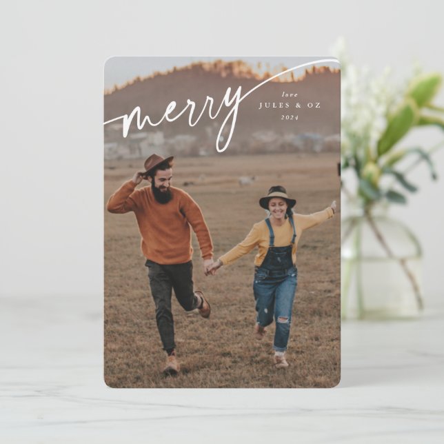 Cartes Pour Fêtes Annuelles Élégant Joyeux blanc typographique Script (Debout devant)