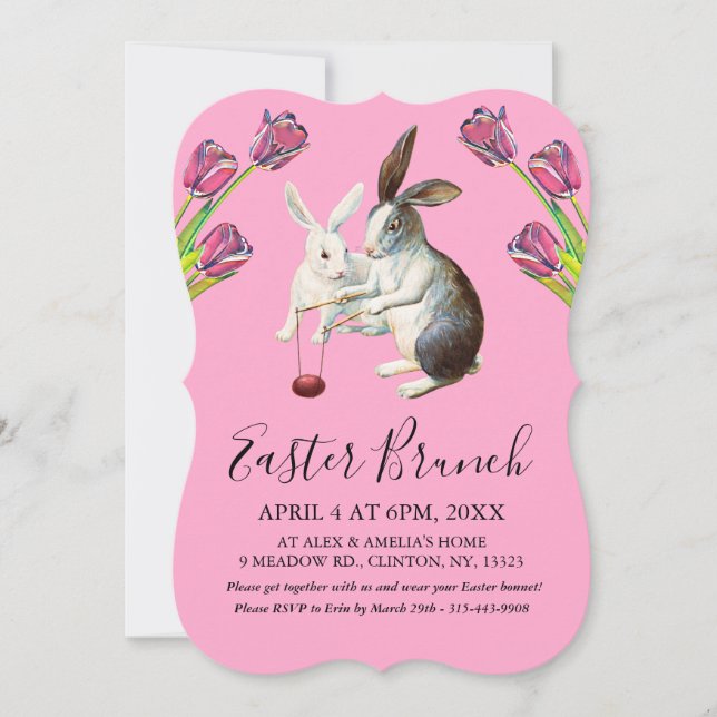 Cartes Pour Fêtes Annuelles Elégant Joyeux Bunnies de Pâques Brunch Floral Ros (Devant)