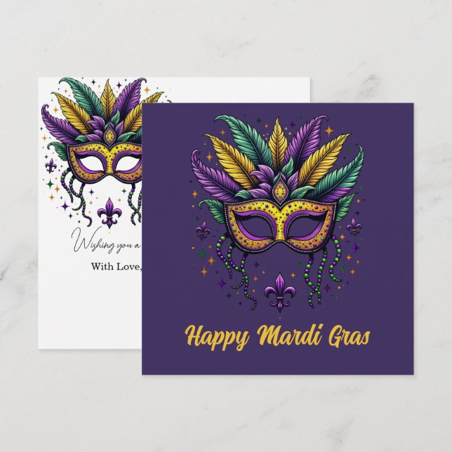 Cartes Pour Fêtes Annuelles Elégant Joyeux Mardi Gras Plumes & Masque (Devant / Derrière)