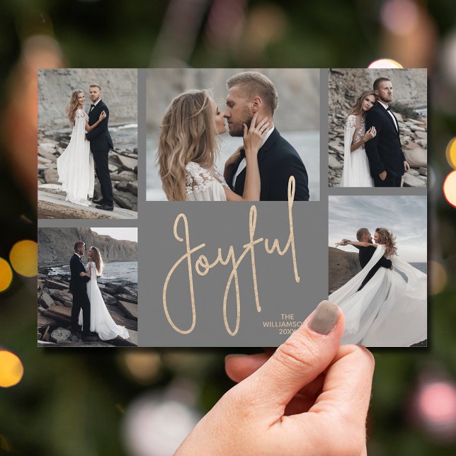 Cartes Pour Fêtes Annuelles Elégant Joyeux Multi Photo Charcoal Grey Noël (Gold JOYFUL Multi Photo Christmas Holiday Cards - INSTANT DOWNLOAD and/or PRINTED or both!)