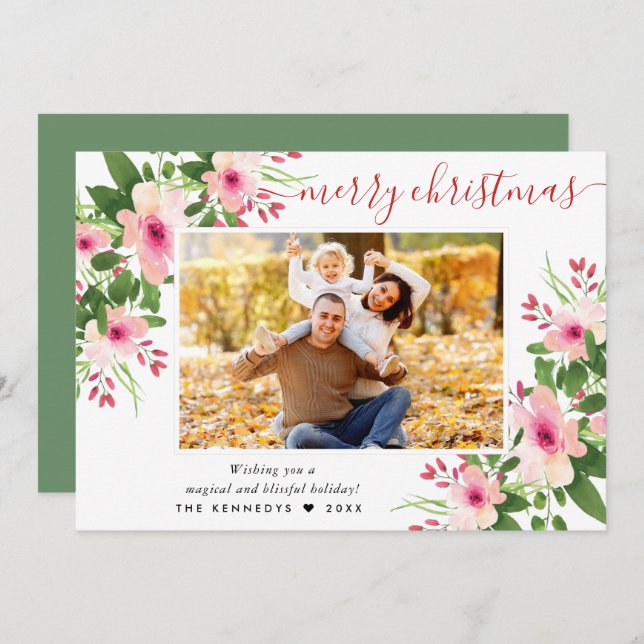 Cartes Pour Fêtes Annuelles Elégant Joyeux Noël aquarelle photo florale (Devant / Derrière)