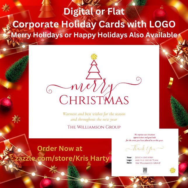Cartes Pour Fêtes Annuelles Élégant Joyeux Noël Arbre Entreprise Logo (Send holiday greetings to clients & associates with simple Merry Holidays red gold tree. Digital too)