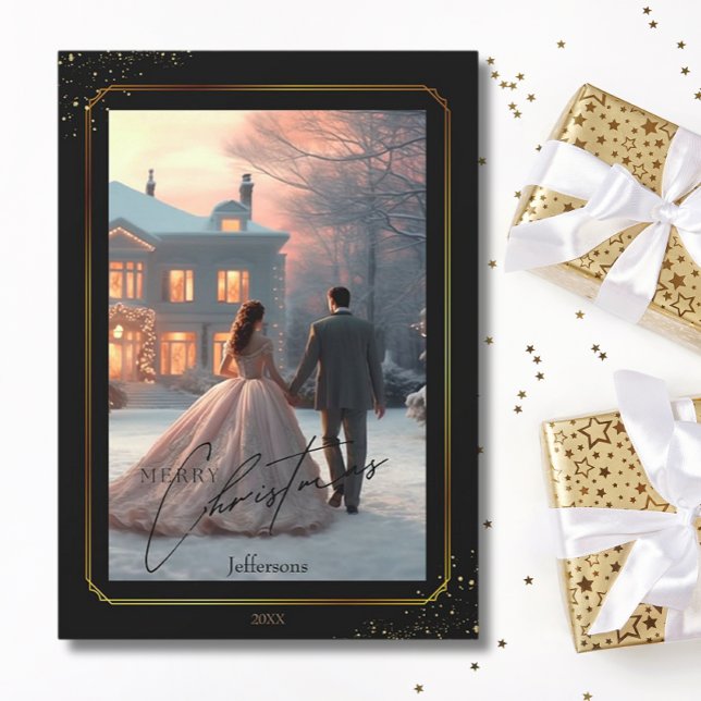 Cartes Pour Fêtes Annuelles Élégant Joyeux Noël Black Gold Couple Photo (Créateur téléchargé)