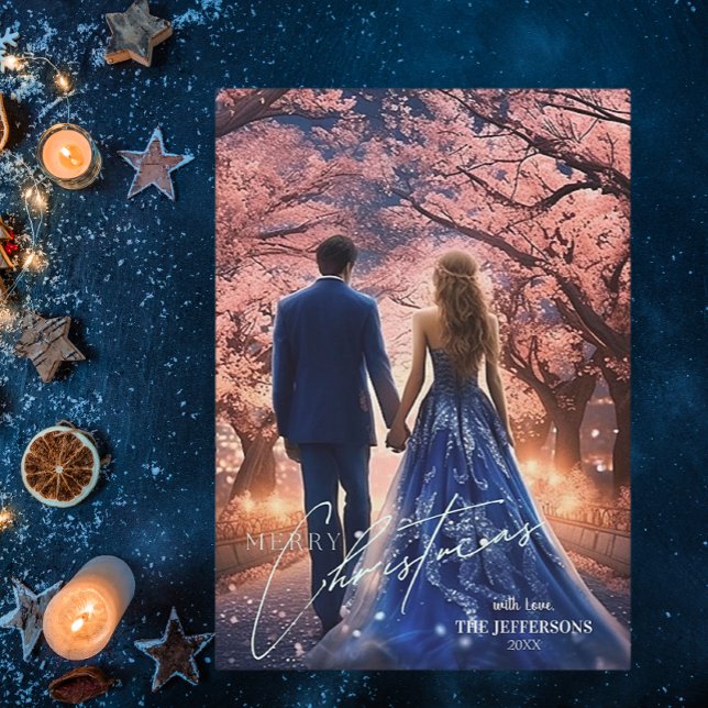 Cartes Pour Fêtes Annuelles Élégant Joyeux Noël bleu rose floral photo (Créateur téléchargé)