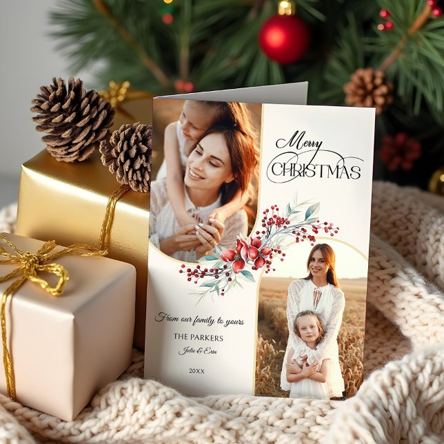 Cartes Pour Fêtes Annuelles Élégant Joyeux Noël Floral Arc Or 2-Photo (Créateur téléchargé)