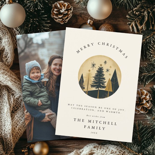 Cartes Pour Fêtes Annuelles Élégant Joyeux Noël Gold Pine Forest Photo (Créateur téléchargé)