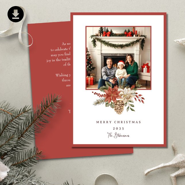 Cartes Pour Fêtes Annuelles Elégant Joyeux Noël Poinsettia Photo (Créateur téléchargé)