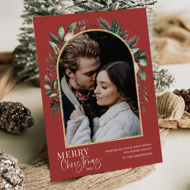 Cartes Pour Fêtes Annuelles Elégant Joyeux Noël Vert Arc Or Photo (Créateur téléchargé)