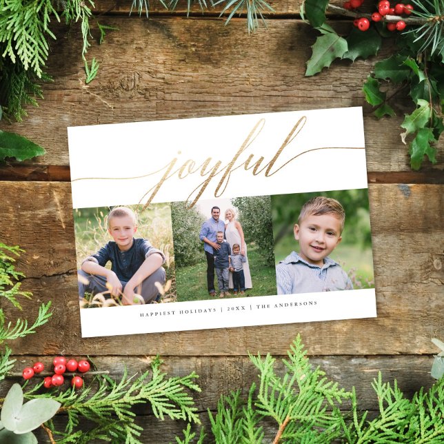Cartes Pour Fêtes Annuelles Élégant Joyful Gold Script Multi-Photo Holiday (Créateur téléchargé)