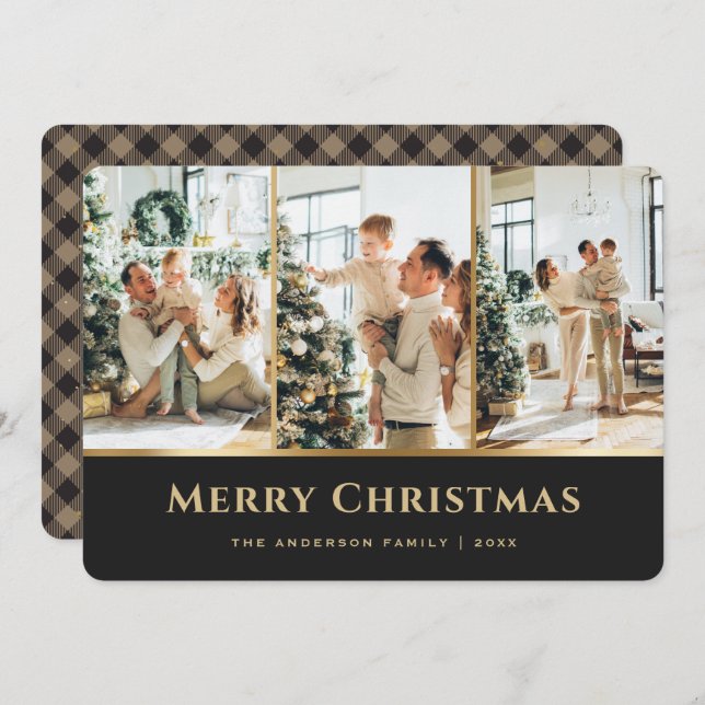 Cartes Pour Fêtes Annuelles Élégant Khaki Gold Buffalo Plaid Photo Noël (Devant / Derrière)