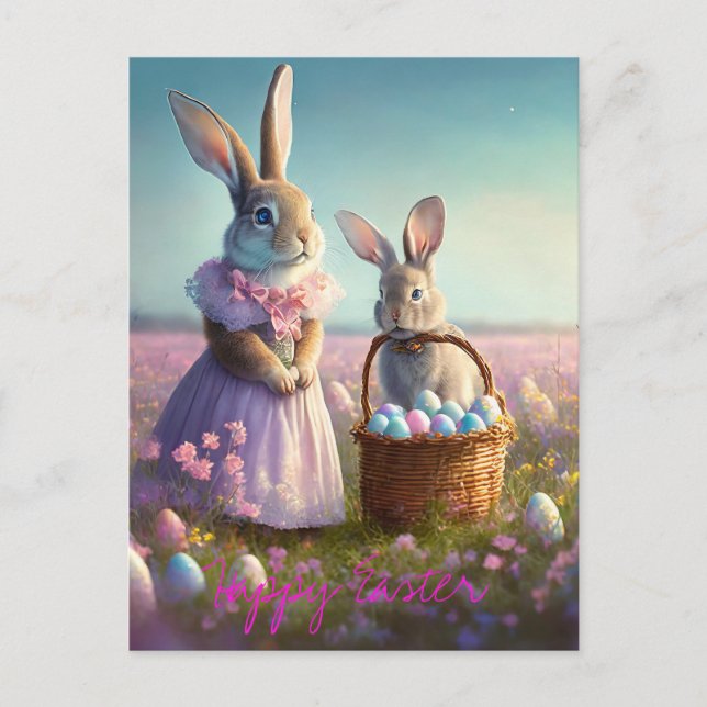 Cartes Pour Fêtes Annuelles Elégant lapin de Pâques robe rose bébé lapin (Devant)