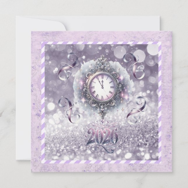Cartes Pour Fêtes Annuelles Elegant Lavender New Year 2026, Clock, Ribbons (Devant)