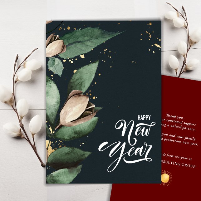 Cartes Pour Fêtes Annuelles Élégant Magnolia Gold Confetti Foliage Entreprise (Créateur téléchargé)