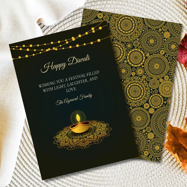 Cartes Pour Fêtes Annuelles Élégant Mandala hindu Green Gold Diwali (Créateur téléchargé)