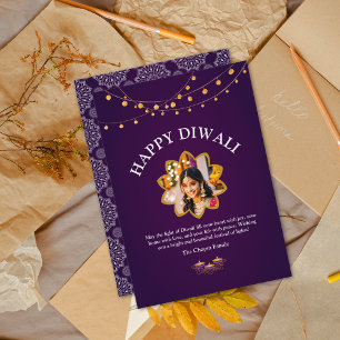 Cartes Pour Fêtes Annuelles Elégant Mandala personnalisé Photo Purple Dipawali