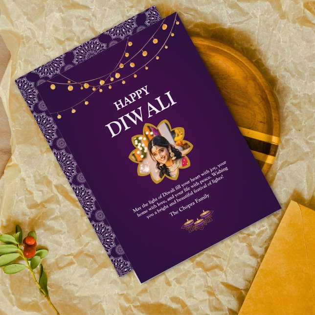 Cartes Pour Fêtes Annuelles Elégant Mandala personnalisé Photo Purple Diwali (Créateur téléchargé)