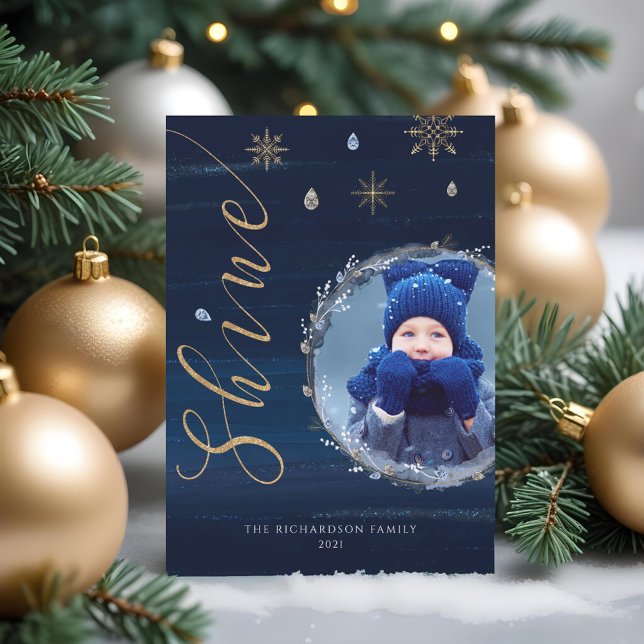 Cartes Pour Fêtes Annuelles Elégant Marine Aquarelle Encre & Bijoux Photo Wrea (Elegant Navy Watercolor Ink & Jewels Photo Wreath Holiday Card)