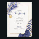 Cartes Pour Fêtes Annuelles Elégant Marine Blue & Gold Beach Tropical Christma<br><div class="desc">L'élégante carte de vacances en bleu marine et or du Nautical Boutique Co. est ornée d'une verdure tropicale bleu et or d'aquarelle et d'un joli coquillage d'aquarelle. Le texte est de fantaisie en lettrage manuel associé à la typographie de bloc moderne. Le vert, l'or et l'ivoire crémeux rappellent les vacances...</div>