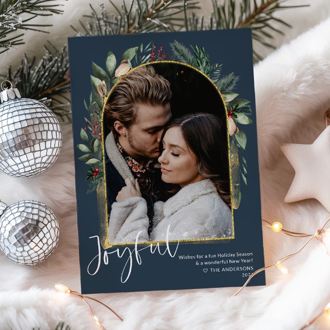 Cartes Pour Fêtes Annuelles Elégant Marine Gold Green Arch Photo (Créateur téléchargé)