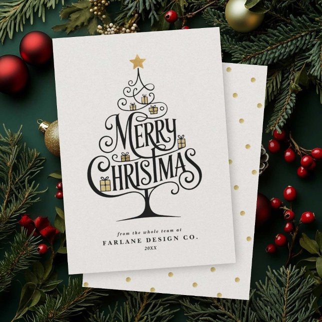 Cartes Pour Fêtes Annuelles Elegant “Merry Christmas” Typography Tree Business (Business holiday mail with a swirling “Merry Christmas” script tree)