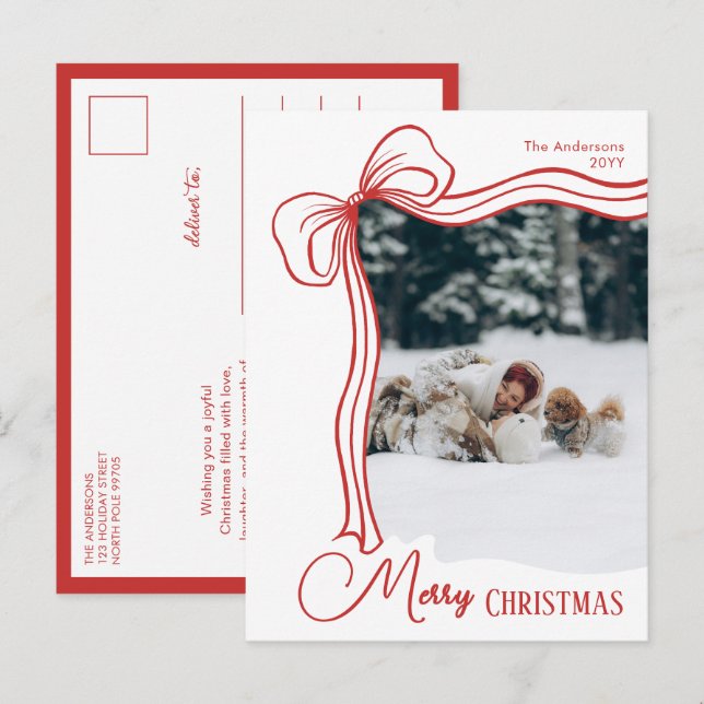 Cartes Pour Fêtes Annuelles Elegant Minimal Hand Drawn Red Bow Christmas (Devant / Derrière)