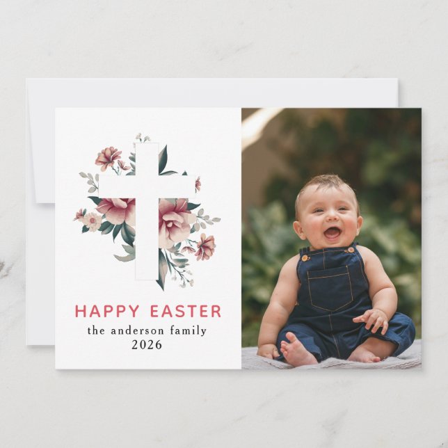 Cartes Pour Fêtes Annuelles Elegant Modern Floral and Cross Happy Easter Photo (Devant)