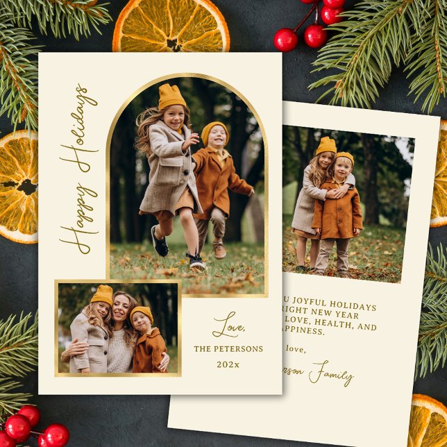 Cartes Pour Fêtes Annuelles Elegant Modern Gold Arch 3 Photo Happy (Créateur téléchargé)