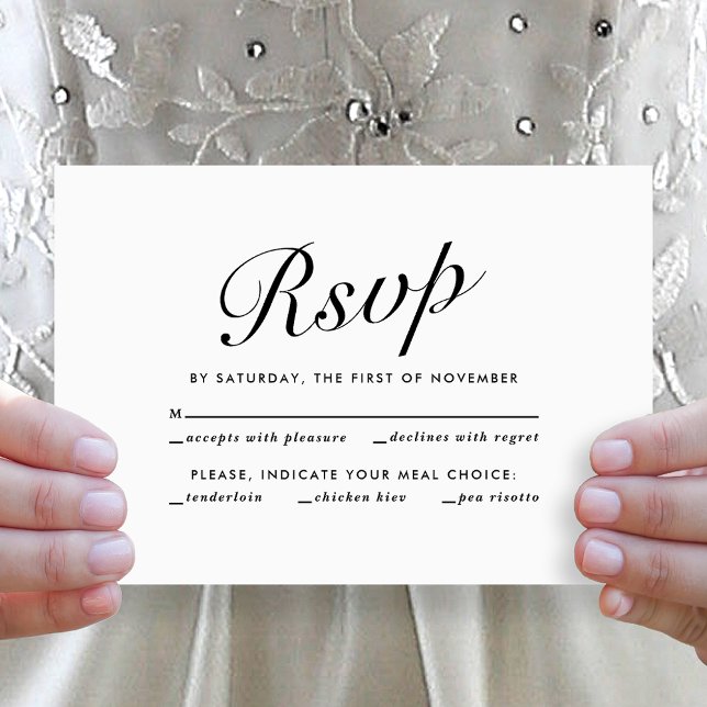 Cartes Pour Fêtes Annuelles Élégant Moderne Script Noir et Blanc Choix de Repa (Elegant Modern Script Black + White Wedding Meal Choice RSVP Card)