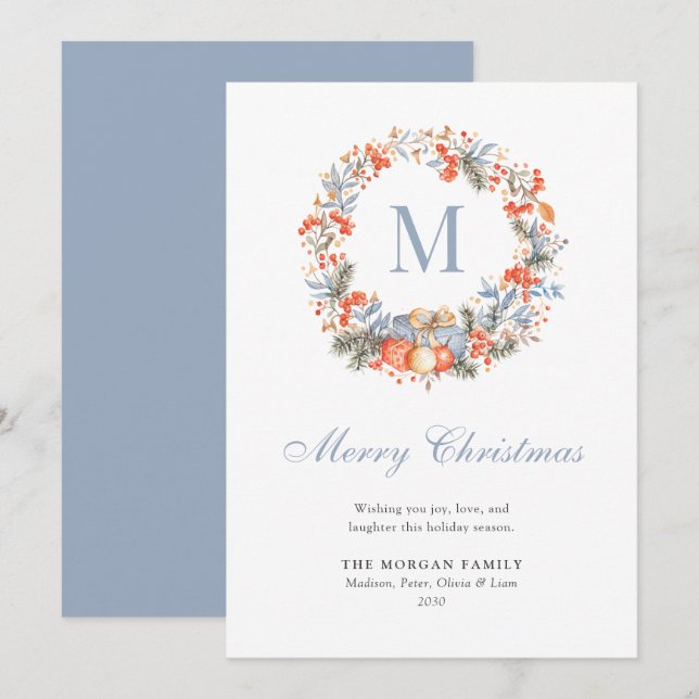 Cartes Pour Fêtes Annuelles Elegant Monogram Wreath Dusty Blue Modern (Devant / Derrière)