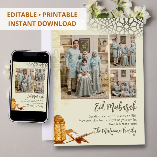 Cartes Pour Fêtes Annuelles Elegant Multi-Photo Geometric Islamic Eid Mubarak  (Créateur téléchargé)