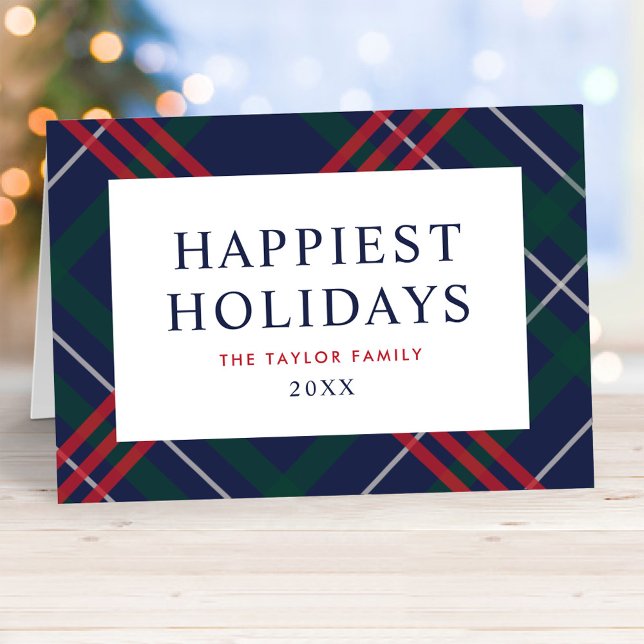 Cartes Pour Fêtes Annuelles Elegant Navy Blue Tartan Plaid Happiest Holidays (Créateur téléchargé)