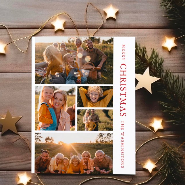 Cartes Pour Fêtes Annuelles Élégant Noël blanc et rouge 5 Photo Collage Invi (Créateur téléchargé)
