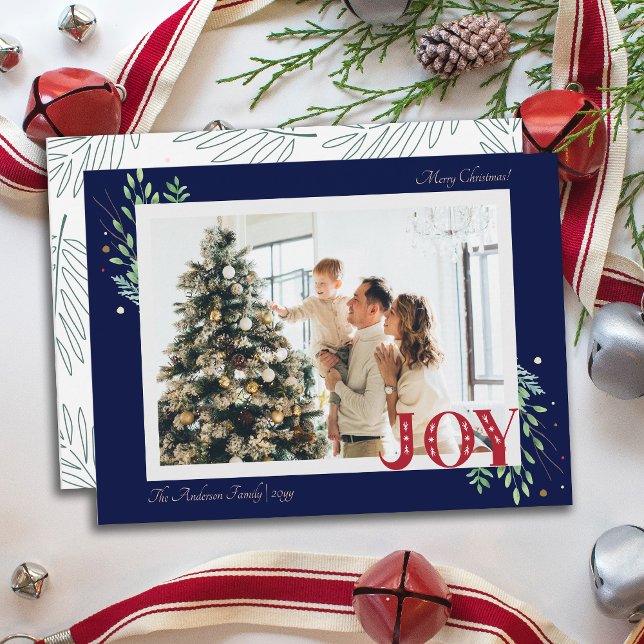 Cartes Pour Fêtes Annuelles Élégant Noël Botanique Joy Famille Photo Grey (Elegant Botanical Xmas Joy Family Photo Greeting Holiday Card)