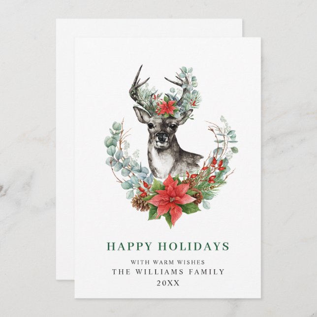 Cartes Pour Fêtes Annuelles Elégant Noël Deer Poinsettia Salutation (Devant / Derrière)
