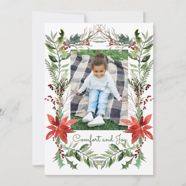 Cartes Pour Fêtes Annuelles Élégant Noël Floral Confort & Joy Photo (Devant)