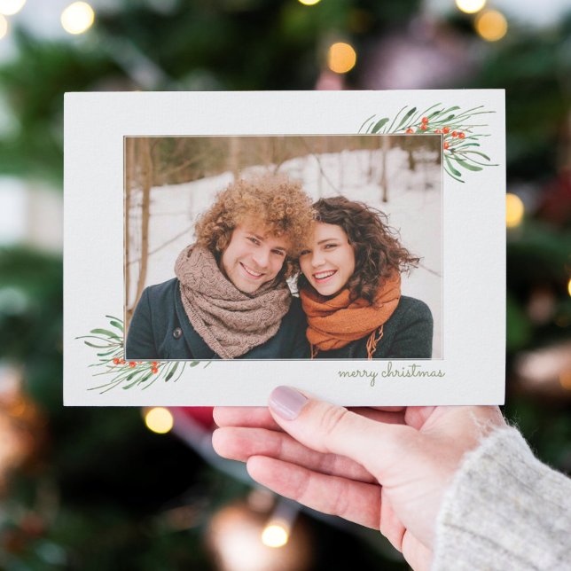 Cartes Pour Fêtes Annuelles Élégant Noël Foliage Berries Photo de vacances (Créateur téléchargé)