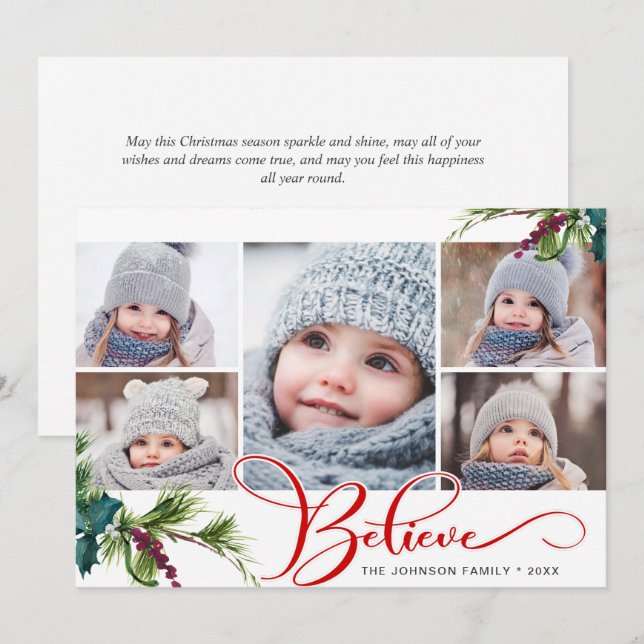 Cartes Pour Fêtes Annuelles Elégant Noël Holly Pine 5 Photo Holiday Card (Devant / Derrière)