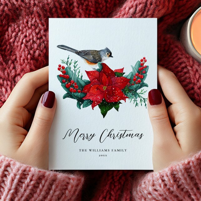 Cartes Pour Fêtes Annuelles Élégant Noël Poinsettia Oiseau non photo (Elegant Christmas Poinsettia Bird Holiday Card)