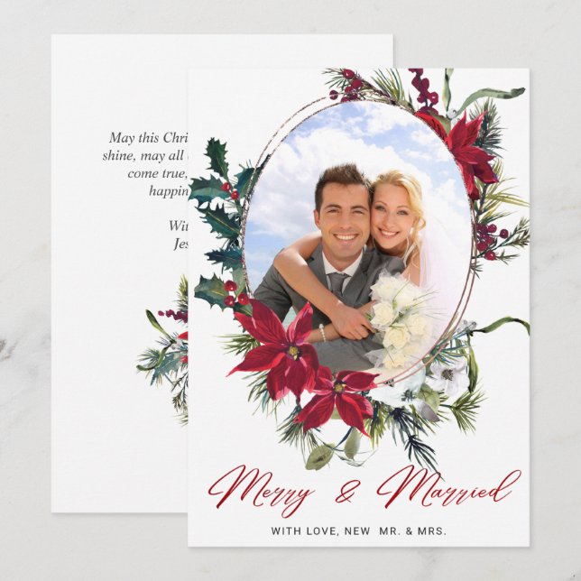 Cartes Pour Fêtes Annuelles Élégant Noël Poinsettia Photo Grey (Devant / Derrière)