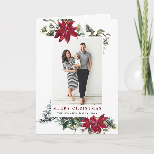 Cartes Pour Fêtes Annuelles Élégant Noël Poinsettia Photo Grey (Devant)