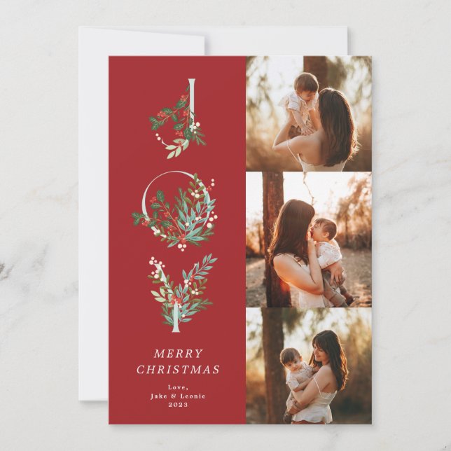 Cartes Pour Fêtes Annuelles Élégant Noël Rouge Botanique JOY 3 Photo (Devant)