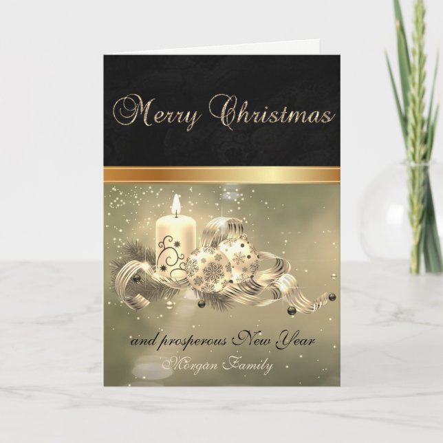 Cartes Pour Fêtes Annuelles Élégant noir, boules de branche vacances bougie (Devant)