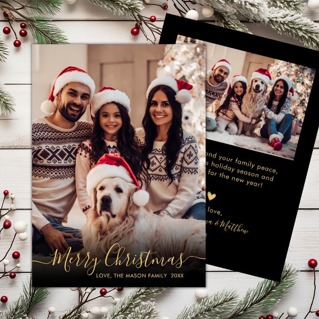 Cartes Pour Fêtes Annuelles Élégant noir et or Script 2 Photo Noël (Créateur téléchargé)
