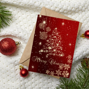 Cartes Pour Fêtes Annuelles Élégant noir, sapin de Noël en faux or, flocons de