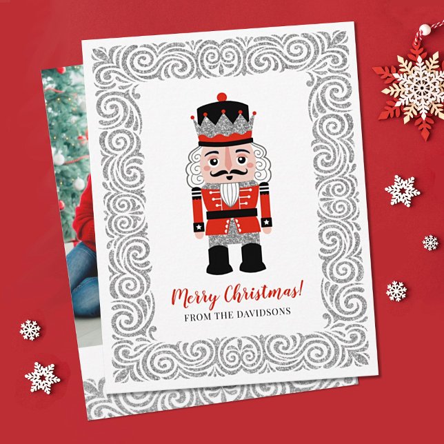Cartes Pour Fêtes Annuelles Élégant Noisette de Noël Rouge (An elegant family Christmas card featuring a nutcracker on the front and your photo on the back.)