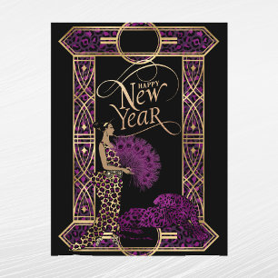 Cartes Pour Fêtes Annuelles Élégant Nouvel An Art Déco Violet Or Léopard Dame